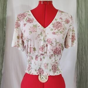 Full Circle Trends White Floral Short Sleeve Stretch Crop Top Size L